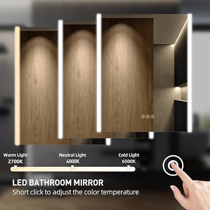 Medicine Cabinet with LED Lights and Mirror, 24 x 36 Inch Surface or Recessed Mounted Bathroom Cabinets with Door, Defogger, Memory Function, 3-Color Mode, Outlet&USB, Dimmer, Storage Shelf