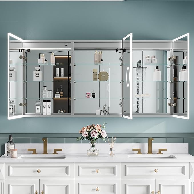 WELLFOR 60" X 30" LED Mirrored Bathroom Cabinet with 3X Magnification Makeup Mirror, Medicine Cabinet with Defog Mirror, Dimmer, Outlets & USB Ports, Bathroom Mirrored Cabinet with Three Opening Doors