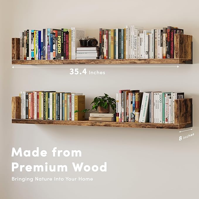 Wall Bookshelf, Set of 3, 36 Inches U Shaped Wall Shelves, Long Deep Floating Shelves, Large Floating Book Shelves - Wood Hanging Bookshelves for Kitchen, Bedroom
