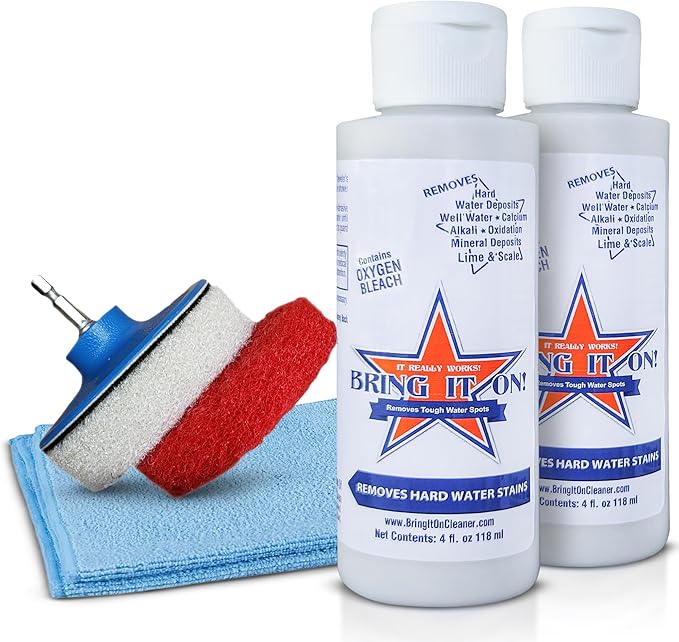 Bring It On Cleaner Water Spot Polishing Kit | For Shower Glass and Windows | Tile and Grout Polishing | Included Drill Scrub Brush, Microfiber, 8 ounces Water Spot Remover