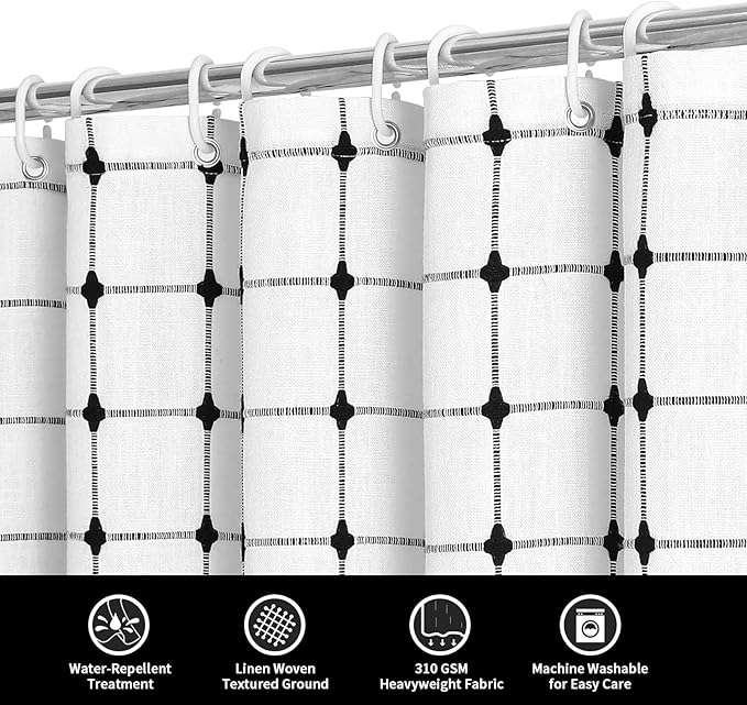 MitoVilla 36 x 72 Small Stall Boho Shower Curtain Set, White Black Narrow Polyester Linen Fabric Shower Curtains for Farmhouse Bathroom Decor, Half Size Cloth Shower Curtain Set with Hooks