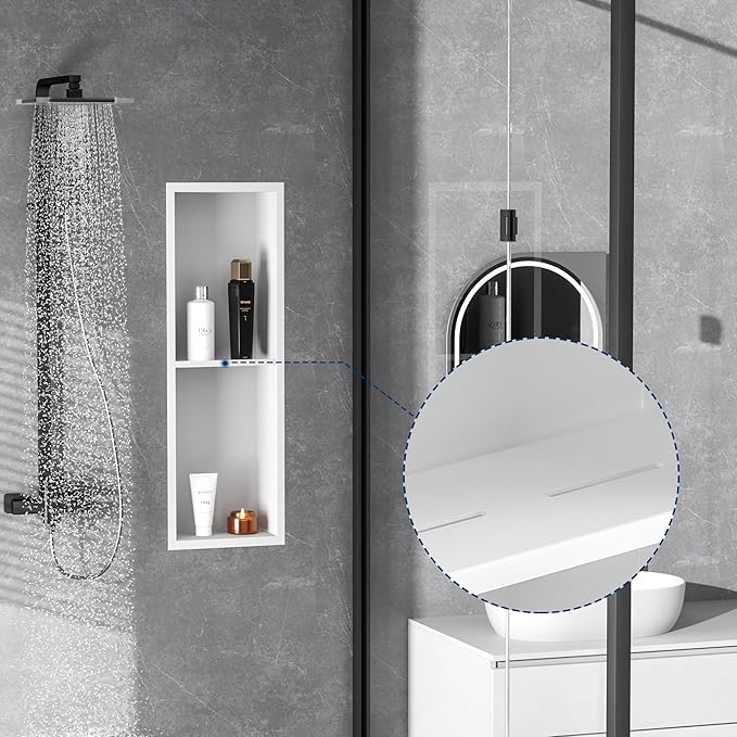 Stainless Steel Shower Niche 24" X 8", No Tile Needed Wall Niche Double Shelves, Recessed Shower Shelf for Bathroom Storage, Matte White