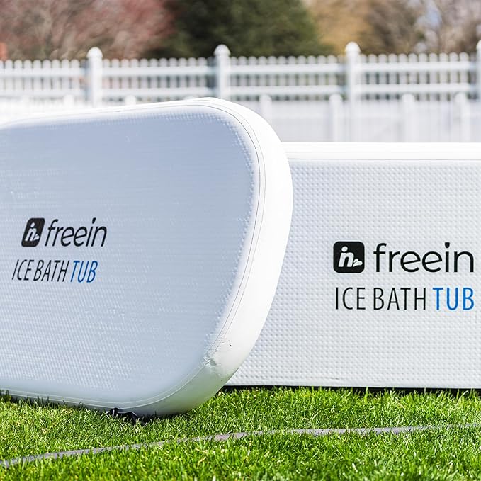 Freein Ice Bath Tub [XXL UPGRADED] - Cold Plunge Tub, Water Chiller Compatible, Inflatable, Portable, Foldable, Recovery Tub for Athletes, 54"x30"x24" - Outdoor, White/Wood