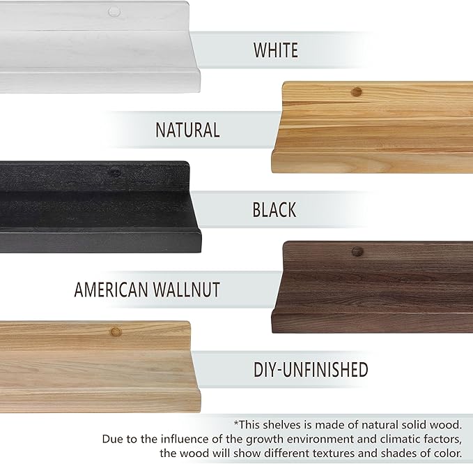 Floating Shelves for Wall 24 inch, Waterproof, Wall Storage Shelves with Lip, Display Picture Ledge Shelf for Living Room Photo Frame, Natural Wood Hanging Book Shelves (White, Set 2)