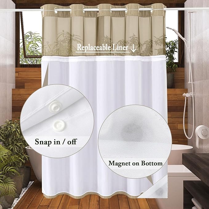 Gibelle Long Shower Curtain 72x80, Waffle Weave Bathroom Shower Curtain with Snap-in Fabric Liner Set, No Hooks Needed, Hotel Style with Mesh Top Window, Beige