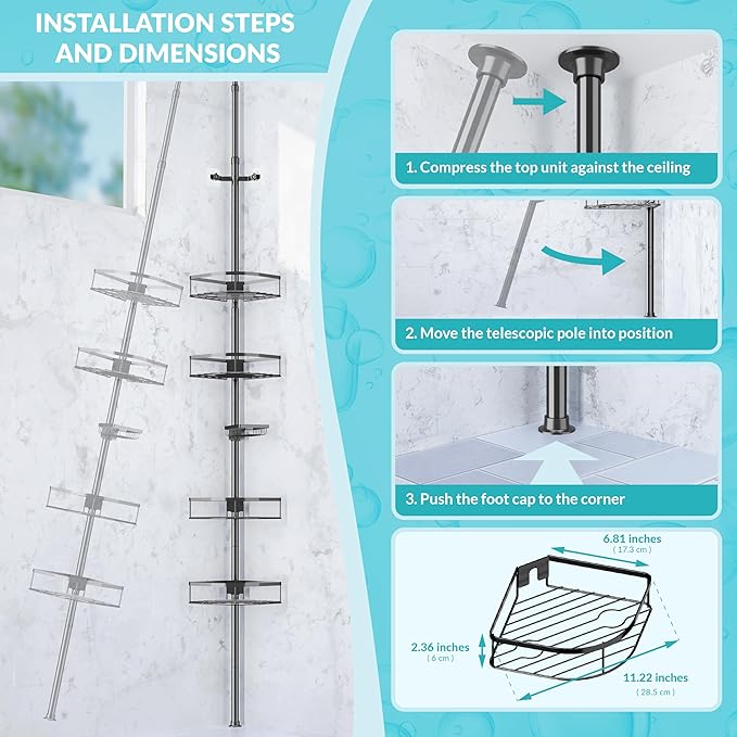 Shower Caddy Tension Pole, 4-Tier Adjustable Corner Shower Standing Caddy, Rustproof Rack for Bathroom Bathtub, with 4 Shelves, No Drilling Corner Bathroom Shelf for Inside (Black)