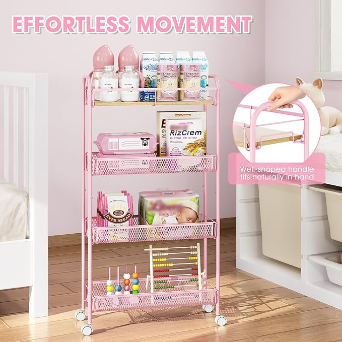 TOOLF 4-Tier Slim Rolling Cart, Metal Storage Cart with Wooden Tabletop and Mesh Baskets for Narrow Space on Kitchen Bathroom Laundry Room Bedroom Apartments Dormitory
