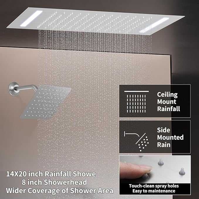 Digital Display Shower System Brushed Nickel Shower Faucet Set with 14X20 inch Ceiling Mounted Shower Head and 8 inch Wall Mounted Shower Head Combo, Handheld Shower