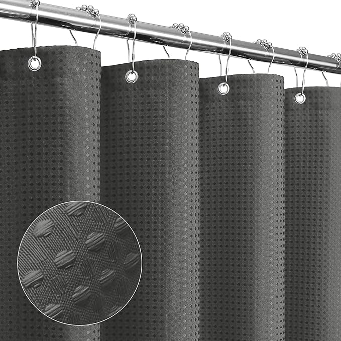 Gibelle Extra Long Shower Curtain 72 x 84, Tall Waffle Weave Textured Fabric Shower Curtain for Bathroom, Water Repellent, Machine Washable, Charcoal Grey