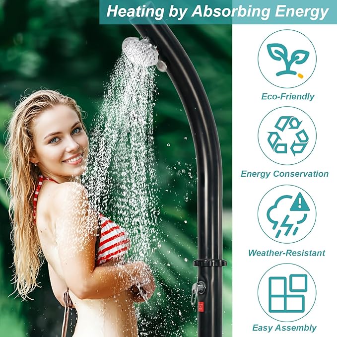 4.8 Gallon Solar Heated Outdoor Shower, 7 FT Freestanding Outside Shower with Shower Head & Foot Shower Tap for Poolside Backyard Beach, Black