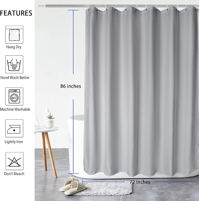 AooHome Extra Long 86" Shower Curtain, Fabric Bathroom Curtain Waffle Weave Pattern with Weighted Hem for Hotel, Heavyweight, Water Repellent, 72 Width by 86 Height Inch, Gray