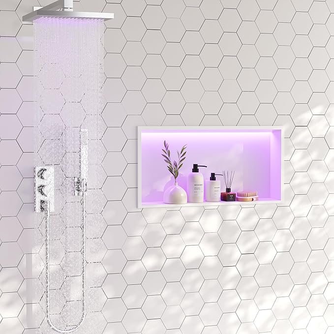 White Stainless Steel Shower Niche 24x12Inch, Dimmable RGB Led Light Wall Niche, No Tile Needed Recessed Niches for Bathroom Storage Built-in Installation
