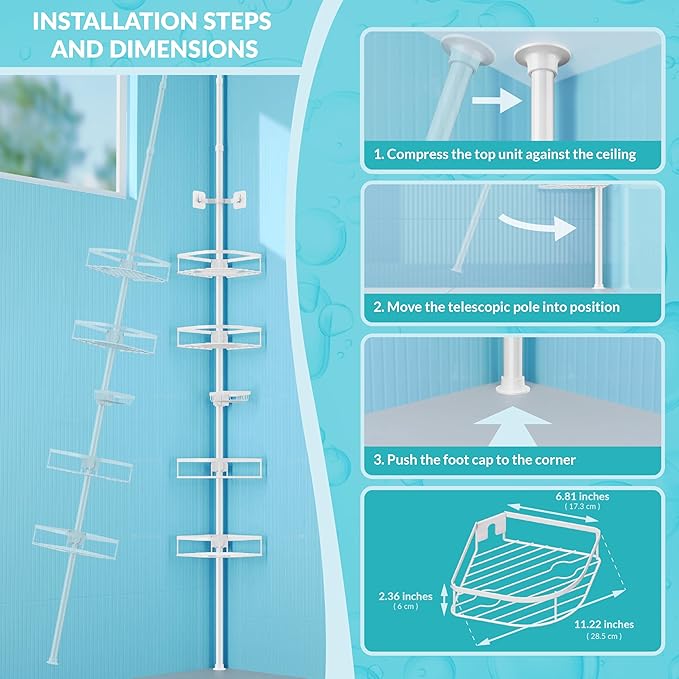 Shower Caddy Tension Pole, 4-Tier Adjustable Corner Shower Standing Caddy, Rustproof Shower Rack for Bathroom Bathtub, with 4 Shelves, No Drilling Shower Shelf for Inside Shower (White)
