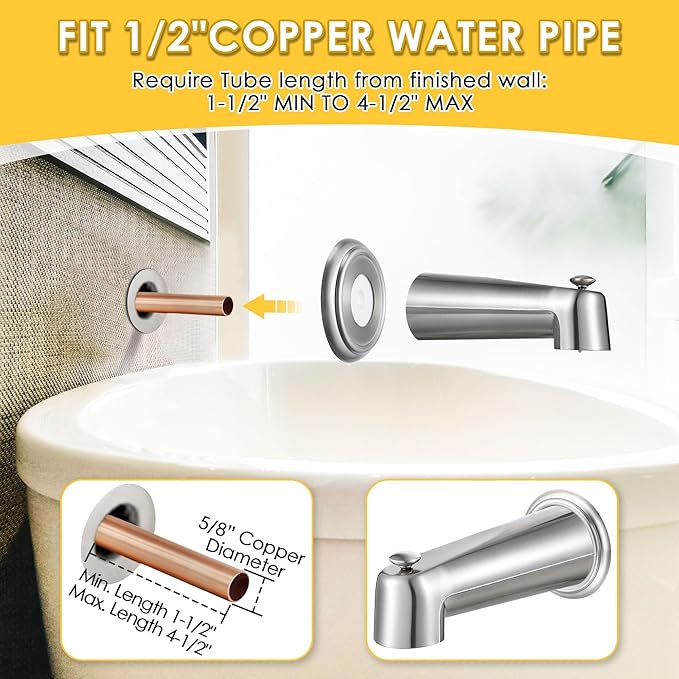 Enhon 7 Inch Slip on Tub Spout with Diverter, Compatible with Moen 3839/Moen 3853, Bathtub Diverter Spout Fits 1/2" Copper Water Tube(5/8" Diameter), 5/32" Hex Wrench (Brushed Nickel,Cover Ring)