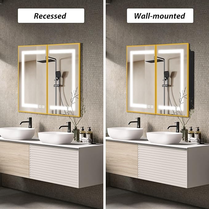 APRILSOUL 40X32 Inch Gold Bathroom Medicine Cabinet with Mirror, Recessed or Surface Lighted Medicine Cabinet with 3 Colors Temperature, Dimmable Light
