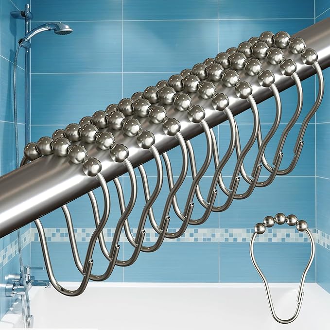 BigFoot Shower Curtain Hooks, Durable Stainless Steel, Rust Resistant, Easy Installation & Smooth Glide, Fits Standard Shower Rods, Metal Curtain Rings, 12 Pieces, Nickel Color