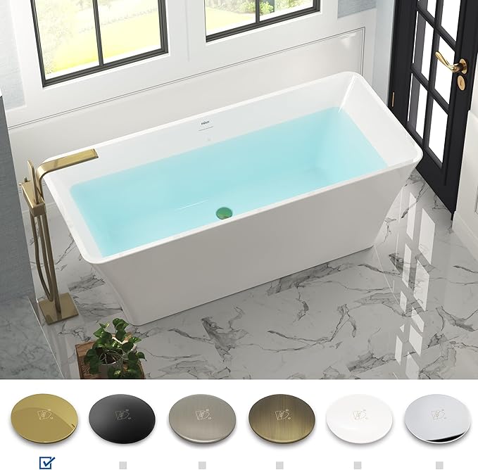 FerdY Sentosa 67" Acrylic Freestanding Bathtub, Contemporary Design Soaking Tub with Polished Gold Drain and Minimalist Linear Design Overflow, Easy to Install, 02560