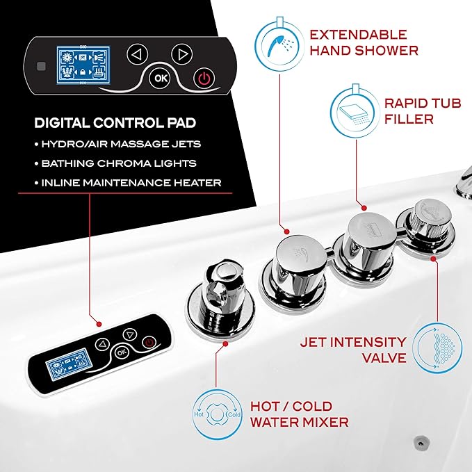 ANZZI Walk-In Whirlpool & Air Tub 27"x53" Left Drain, LED Lights, 30 Jets, Aromatherapy, Chromatherapy, Heater, Faucet & Handheld Shower, White Acrylic Spa Bathtub | 2753WILWD