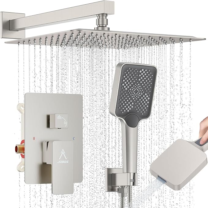 Shower System Modern Rain Brass Faucet Set With Valve and Diverter Shower Mixer With Handheld High Pressure Square Rainfall Shower Valve (12'' Wall Mount, Brushed Nickel)