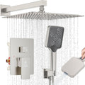 Shower System Modern Rain Brass Faucet Set With Valve and Diverter Shower Mixer With Handheld High Pressure Square Rainfall Shower Valve (12'' Wall Mount, Brushed Nickel)