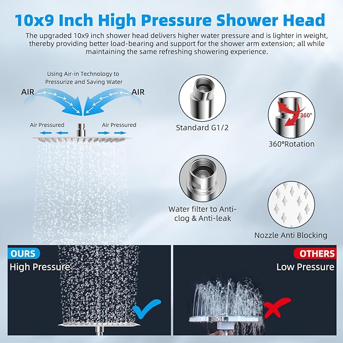Hibbent All Metal cUPC Certified Rain Shower Head, 10'' High Pressure Rainfall Showerhead with 16" Shower Head Extension Arm, Solid Brass Adjustable Shower Arm Extender, fixed Showerheads, Chrome