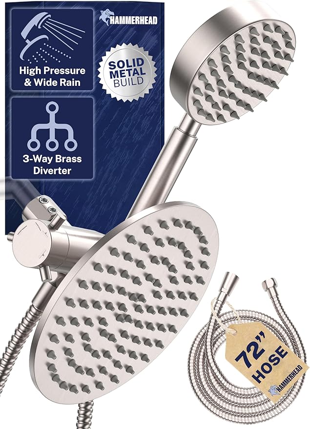 HammerHead Showers® Solid Metal Dual Shower Head Combo – BRUSHED NICKEL – 8 Inch Rainfall High Flow Shower Head & Handheld Shower Head High Pressure with Hose 6ft - Hotel-Like Double Shower Heads