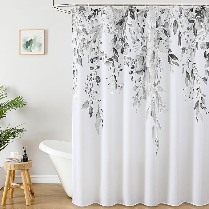Colorful Star Grey Eucalyptus Waterproof Shower Curtain Set with Hooks, Minimalist Watercolor Floral Print Bathroom Décor, Plant Leaves Washable Fabric Shower Curtain, 72 x 84 Inch