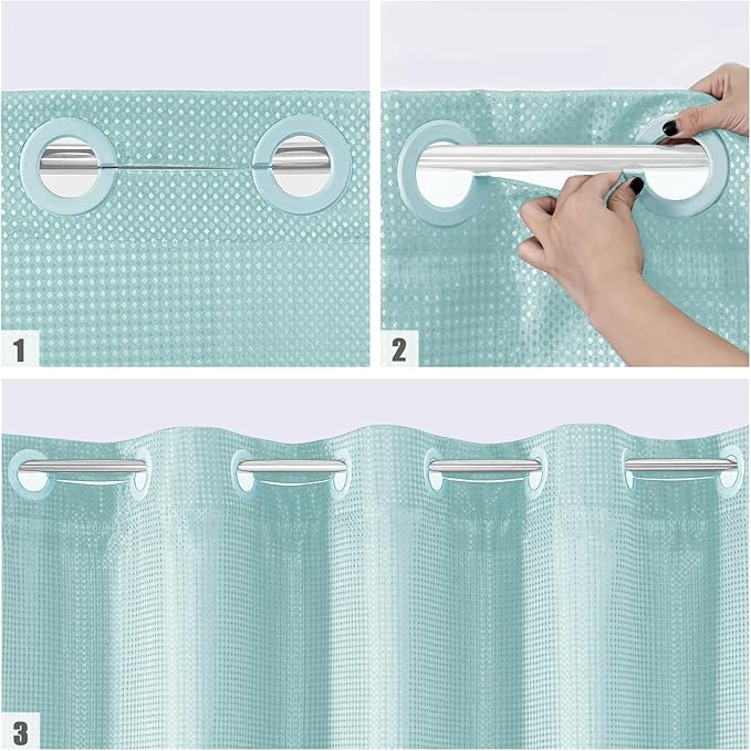 MitoVilla Teal Long Shower Curtain Liner Set 72 x 80, No Hooks Needed 80 inch Long Heavyweight Waffle Fabric Shower Curtain Set with Snap-in Liner for Aqua Hotel Grade Spa-Like Bathroom Decor