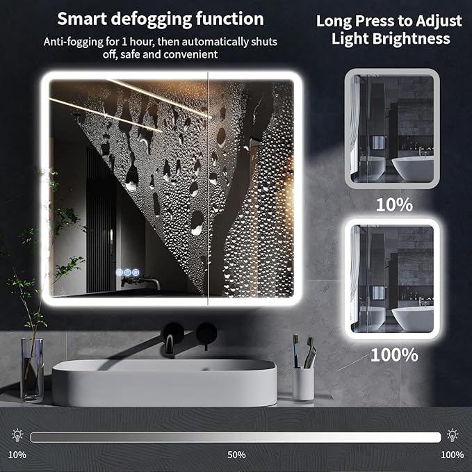 BEAUTYPEAK 36 x 32 LED Bathroom Medicine Cabinet Mirror, Adjustable Shelves, Silver Aluminum Cabinet, Anti-Fog Stepless Dimmable 3 Colors White/Natural/Warm, Easy to Install(Wall Mount/Recessed)