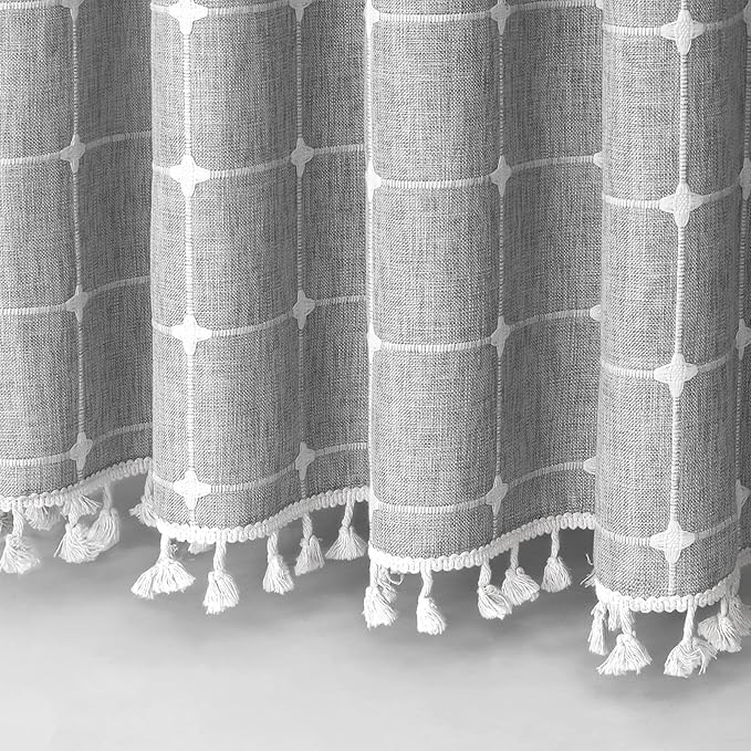 MitoVilla No Hooks Needed Boho Farmhouse Shower Curtain with Snap-in Liner, Cotton Linen Fabric Shower Curtains with Tassels for Rustic Neutral Bathroom Decor, Grey, 72 x 74
