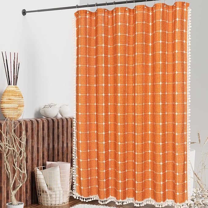 MitoVilla Orang Farmhouse Shower Curtain Set 72 x 78, Boho 78 inch Long Polyester Linen Tassel Fabric Shower Curtain Set for Chic Cottagecore French Rustic Bathroom Decor
