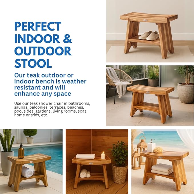 EcoDecors 24 Inch Serenity Teak Shower Bench – Waterproof Bathroom Seat with Large Storage Shelf For Adults & Seniors | Spa-Style Teak Wood Stool with Non-Slip Feet, Elegant Finish, 300 Pound Capacity