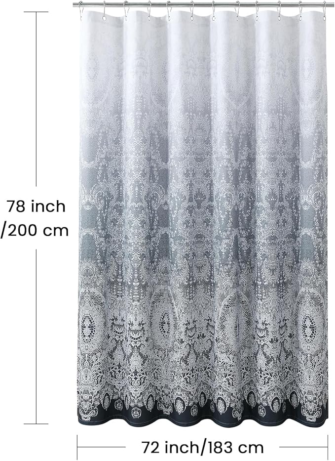 78 Inch Long Shower Curtain - Chantilly Lace Design, Heavyweight Polyester, Dark Gray to White Ombre, 72" W x 78" H