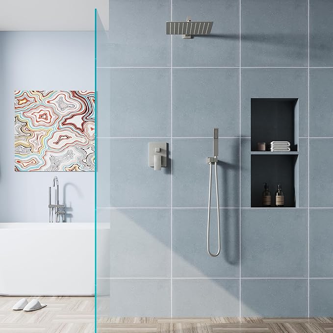 WELLFOR 12-In Wall Mounted Rain Shower Faucet with Single Handle and Handheld Spray, Waterfall Dual Head Shower Head System with 2-way Diverter, Pressure-balanced Valve Included, Brushed Nickel