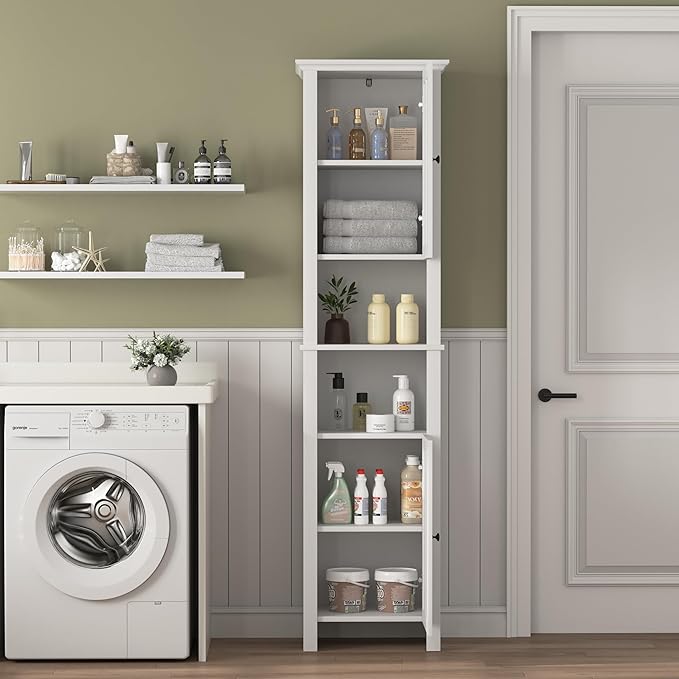 Tall Bathroom Storage Cabinet with Adjustable Shelves,66.92" H Slim 1-Door Freestanding Cabinet for Small Spaces, Bathroom,Kitchen, Living Room,White (Farmhouse)