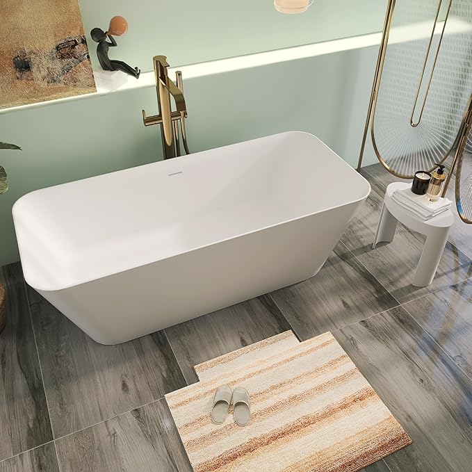 67" Premium Solid Surface Stone Resin Freestanding Bathtub, Matte White Stand Alone Soaking Tubs with Overflow and Pop-up Drain