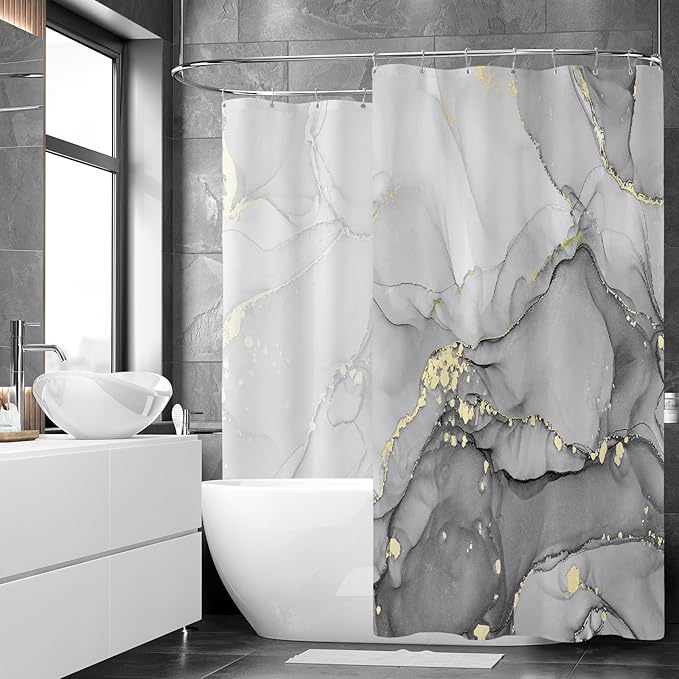 Extra Wide Marble Shower Curtain 108 x 72, Grey Abstract Shower Curtains for Claw Foot Tub, Modern Luxury 108 inch Long Shower Curtain Set with 18 Pack Plastic C-Hooks