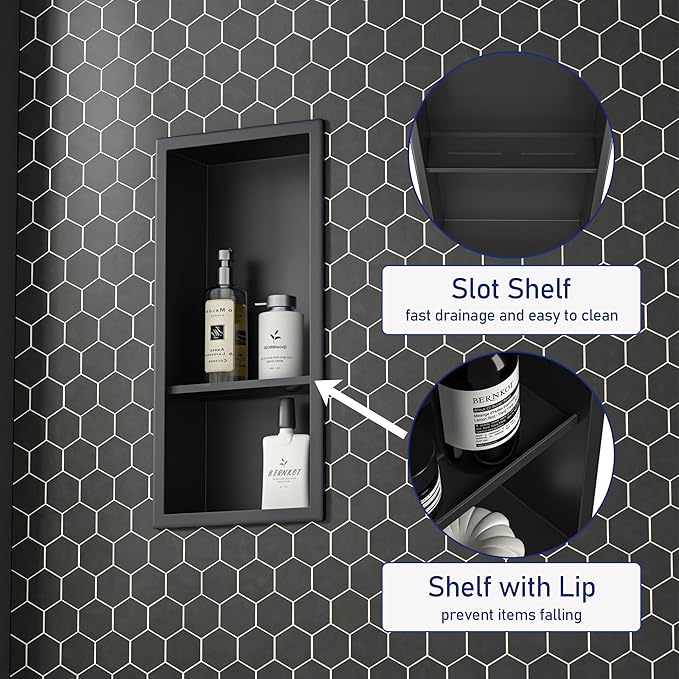 Stainless Steel Shower Niche 8"×18" with Shelf Matte Black No Tiled Needed Niche Shower for Bathroom Wall Recessed Shower Shelf for Bathroom Storage