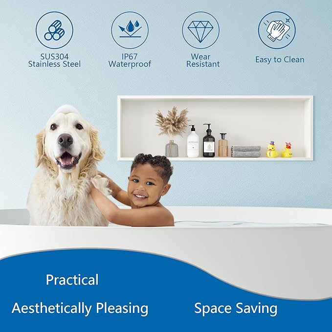 Neodrain 36X12 Inch Recessed Shower Niche, White Stainless Bathroom Wall Niche NO Tile Needed, Bathroom Storage Organizer in Wall for Shower