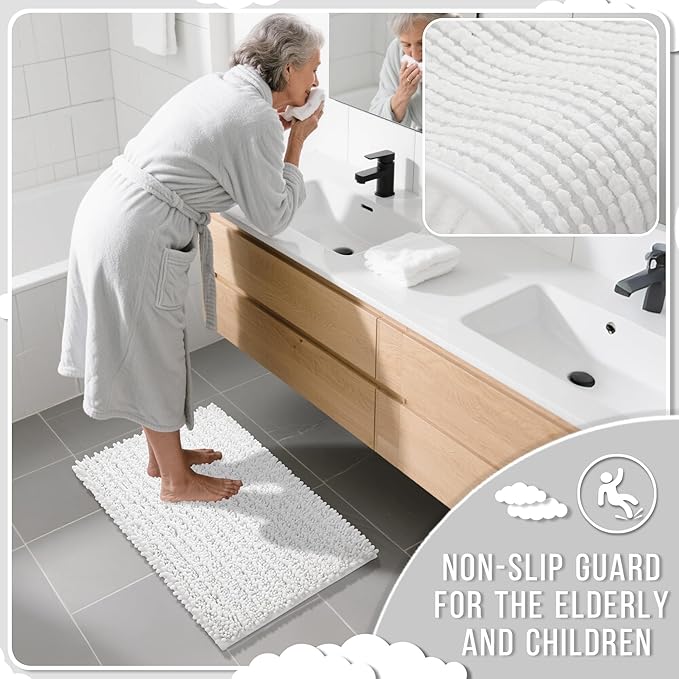Yimobra Bathroom Rugs Sets 2 Piece - Quick Dry Extra Thick Luxury Chenille Bath Mat, Non Slip Super Absorbent for Tub Shower Sink, Machine Washable Shaggy Floor Mat, 32"x20"+24"x17" Inch, White