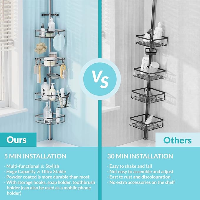 Shower Caddy Tension Pole, 4-Tier Adjustable Corner Shower Standing Caddy, Rustproof Rack for Bathroom Bathtub, with 4 Shelves, No Drilling Corner Bathroom Shelf for Inside (Black)