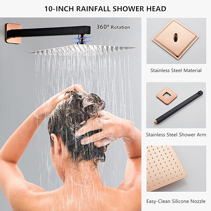 Shower Faucet Set with Tub Spout, Matte Black and Rose Gold Rainfall Shower System Complete Wall Mounted for Bathroom with 10 Inch Square Shower Head and Handheld Shower Head Rain Mixer Combo