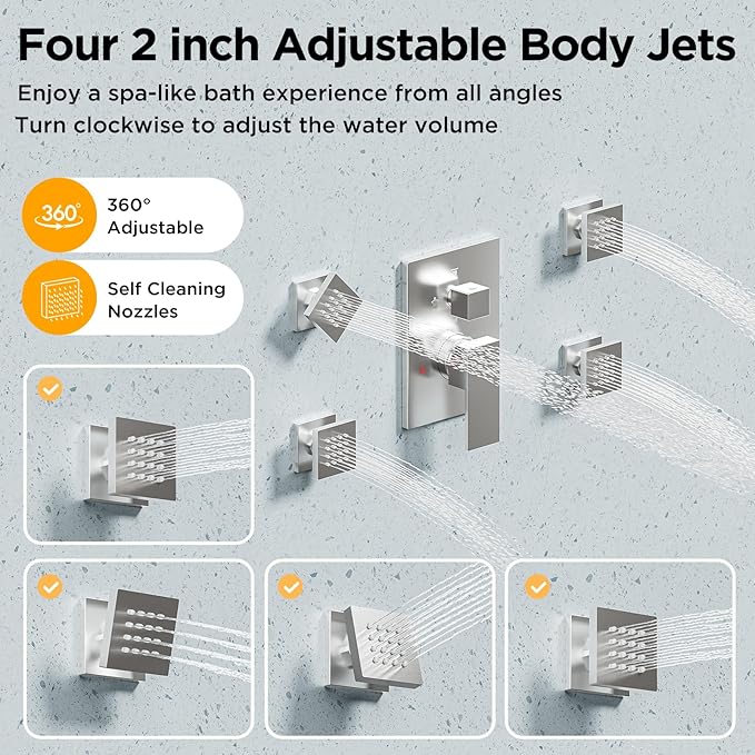 Shower Systems with 4 Body Spray Jets, STARBATH 4 Way 12+6" Rainfall Shower Head with Handheld Combo, Wall Mounted Shower Jets System in Wall Shower Faucet Sets Complete, Brushed Nickel