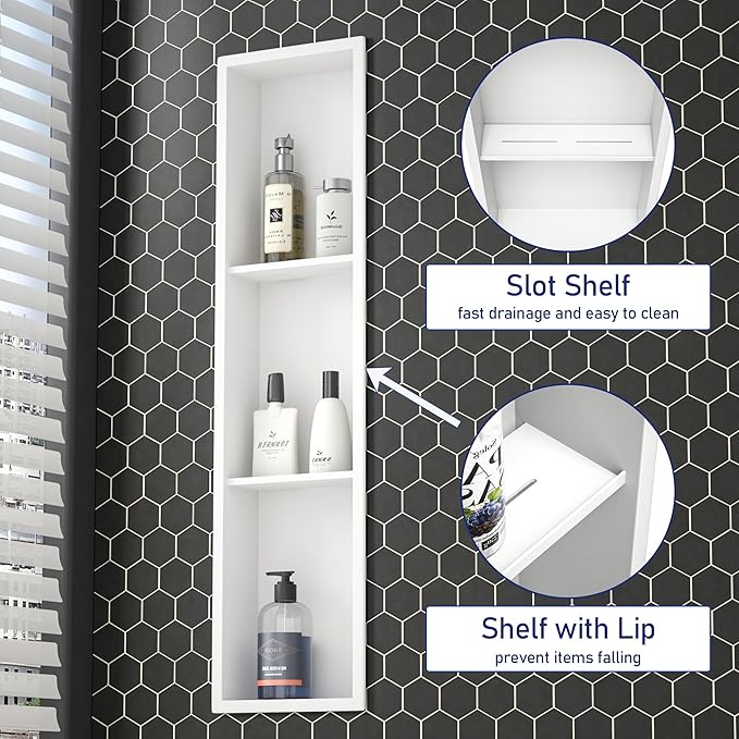 Stainless Steel Shower Niche 36" X 8" White No Tile Needed Niche Shower with 3-Tiers Shelf for Bathroom Storage Recessed Wall Niches Bathroom Shelf Over Mount Installation