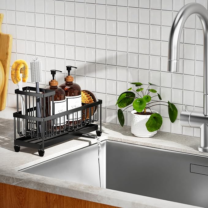 Cisily Extra Large Black Sponge Holder for Kitchen Sink, Sink Caddy Organizer with High Brush Holder, Kitchen Countertop Organizers and Storage Essentials, Rustproof 304 Stainless Steel