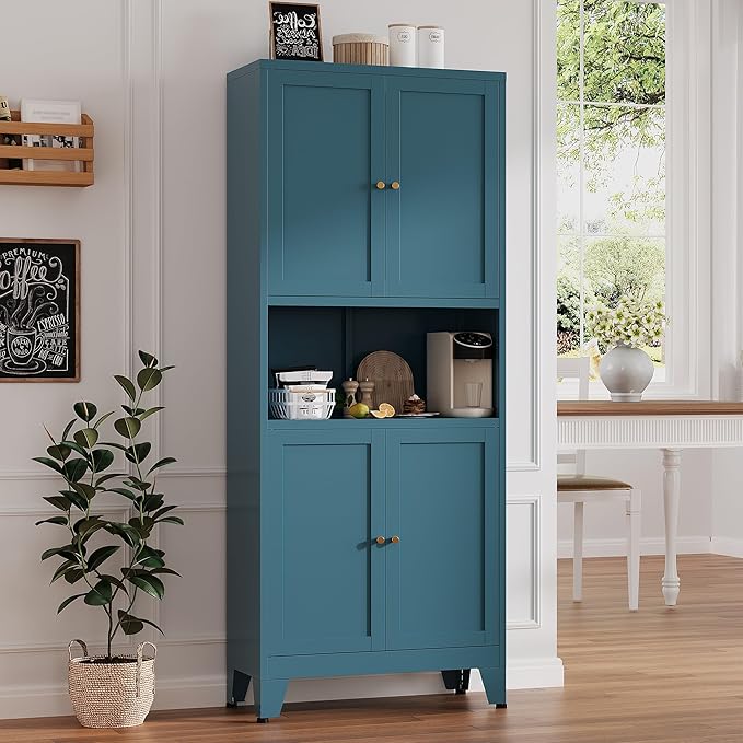 Metal Pantry Cabinet, Tall Kitchen Cabinet with 4 Doors & Adjustable Shelves,69" Blue Freestanding Storage Cabinets with Microwave Stand Cupboard for Living Room,Dining Room,Home