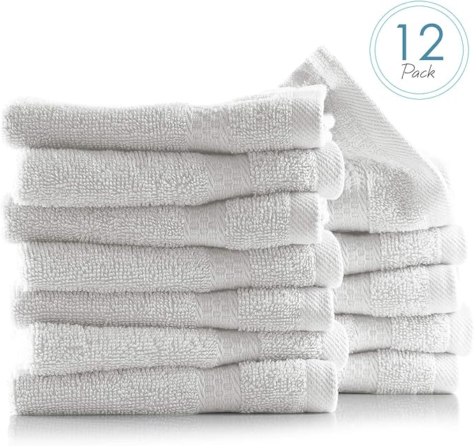 Hearth & Harbor Washcloths 12 Pack - 100% Cotton Washcloth for Body and face, High Absorbent and Soft 13"x13" Body Wash Cloth, Quick Dry - White Washcloths