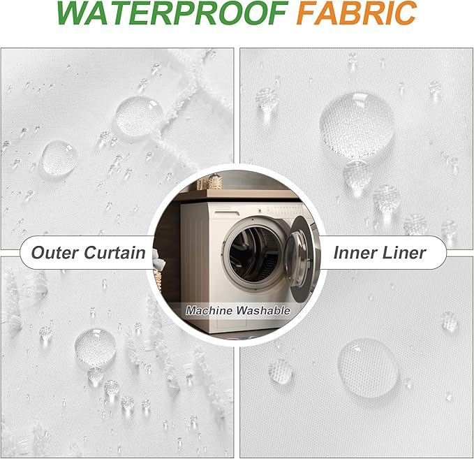 No Hooks Stall Shower Curtain with Snap in Liner- Water Repellent Tufted Chevron Striped Shower Curtains for Bath Tubs, Narrow Hotel Quality Bath Curtain Set, 36Wx74H, White