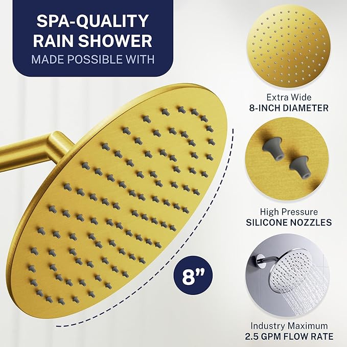 HammerHead Showers Solid Metal Round 8 Inch Rainfall Shower Head, High Flow Shower Head Optimized for Pressure, Brushed Gold, 2.5 GPM