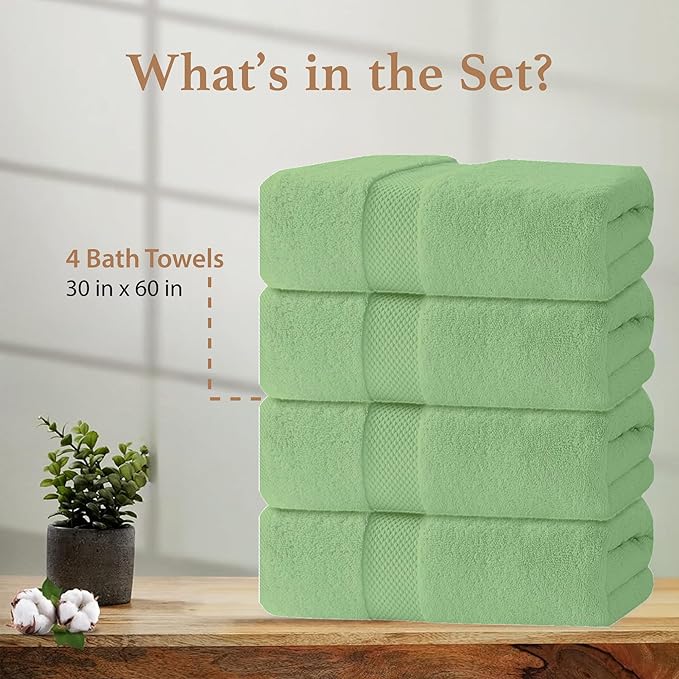 100% Cotton Bath Towels, Pack of 4 Towels for Bathroom, Luxury 700 GSM Bath Towel, Highly Absorbent Bathroom Towel Set, 30 x 60 Inches Large Bath Towels, Super Soft & Quick Dry Towel Set, Sage